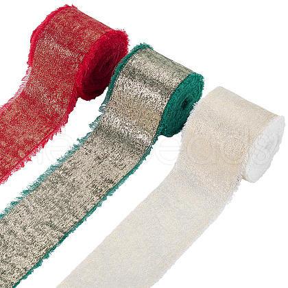 CRASPIRE 3 Roll 3 Styles Single Face Hot Stamping Polyester Frayed Ribbon OCOR-CP0001-12B-1