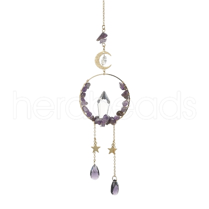 Wire Wrapped Natural Amethyst Chips & Brass Ring Pendant Decorations HJEW-TA00102-01-1