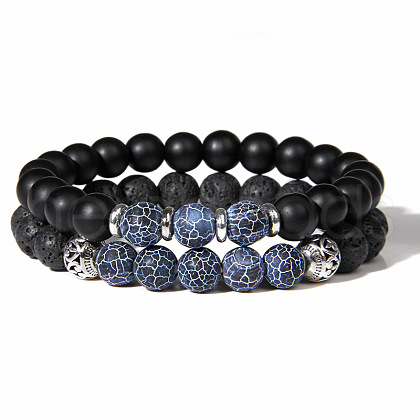 Natural Lava Rock & Frosted Stone Round Beads Stretch Bracelet Set Women DF9720-9-1