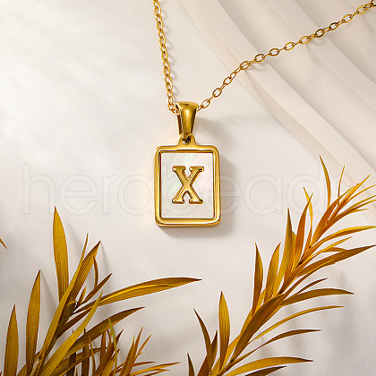 Rectangle Stainless Steel Pave Natural White Shell Initial Pendant Necklaces for Women FS-WGB5EDA-24-1