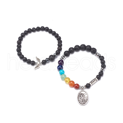 2Pcs 2 Style Style Natural Lava Rock & Mixed Stone & Synthetic Hematite Stretch Bracelets Set BJEW-JB08733-1