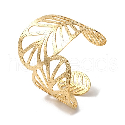 Stainless Steel Hollow Leaf Open Cuff Bangles for Women BJEW-G719-11G-1