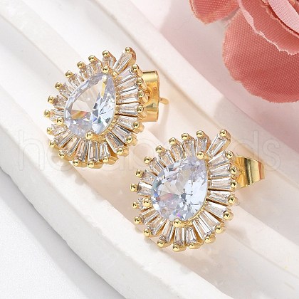 Brass Micro Pave Clear Cubic Zirconia Stud Earrings EJEW-C139-03G-1