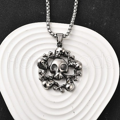 304 Stainless Steel Skull Pendant Necklaces for Women Men NJEW-Z076-01AS-1