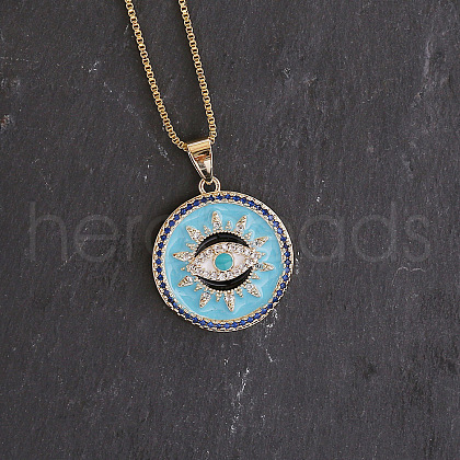 Brass Enamel Flat Round with Evil Eye Pendant Necklaces for Women FS-WG1D116-01-1