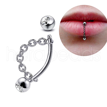 304 Stainless Steel Crystal Rhinestone Curved Barbell Lip Rings with Chains FS-WG77CC5-05-1
