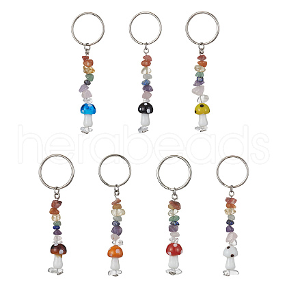 Chakra Natural Gemstone Chips Keychains with Lampwork Mushroom Charm KEYC-JKC00547-1