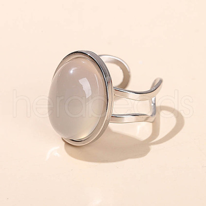 304 Stainless Steel & Natural White Jade Cuff Rings FS-WGDE3F0-02-1