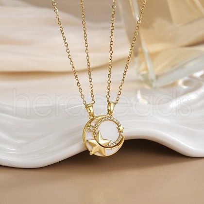 2Pcs Brass Pave Clear Zirconia Magnetic Couple Sun Moon Star Pendant Necklaces WG8E766-01-1