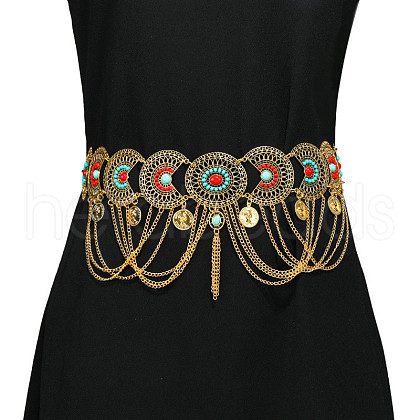 Bohemian Ethnic Style Alloy Pave Red & Deep Sky Blue Synthetic Turquoise Tassel Waist Chains FS-WG7CE59-01-1