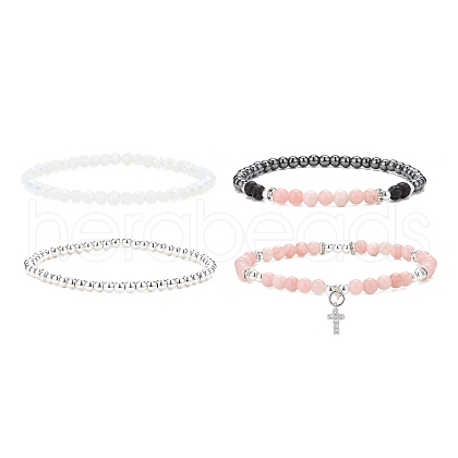 4Pcs 4 Style Natural & Synthetic Mixed Gemstone Round Beaded Stretch Bracelets Set BJEW-JB09082-1