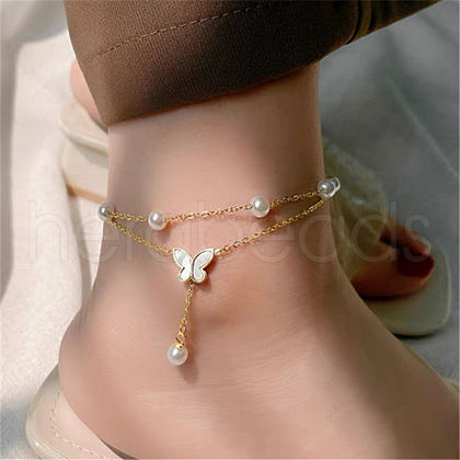 Stainless Steel & Plastic Pearl Charm Double Layer Anklets for Women WG18C2B-17-1