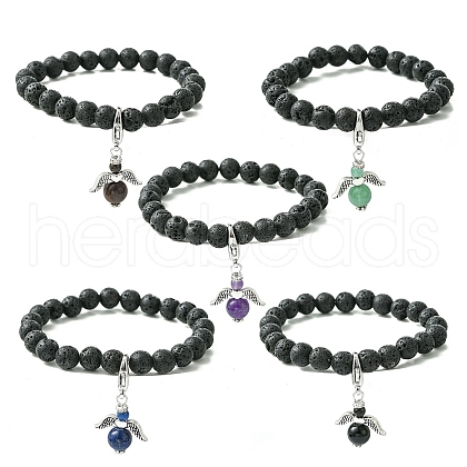 Natural Lava Rock & Gemstone Stretch Bracelet with Alloy Fairy Charms BJEW-JB08730-1