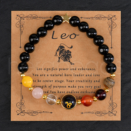 12 Zodiac Sign Natural Black Obsidian Round Beads Stretch Bracelets for Men Women WG228FC-05-1