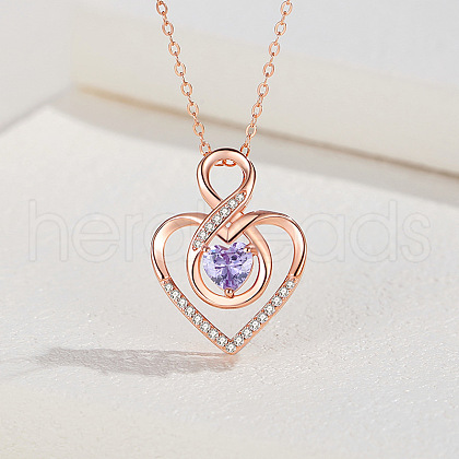 925 Sterling Silver Pave Lilac Cubic Zirconia Number 8 Heart Pendant Necklaces for Women FS-WGC3057-02-1