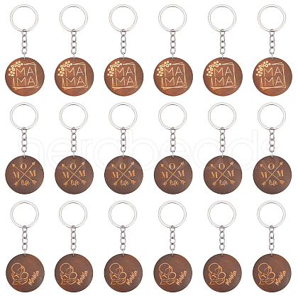 CHGCRAFT 18Pcs 3 Style Flat Round Wood Keychains KEYC-CA0001-55-1