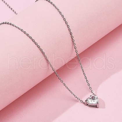 304 Stainless Steel Crystal Cubic Zirconia Heart Pendant Necklaces for Women NJEW-Z064-03P-1