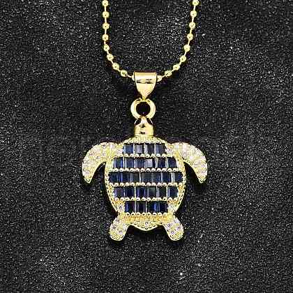 Summer Beach Brass Pave Cubic Zirconia Turtle Pendant Necklaces for Women NJEW-U039-02G-01-1