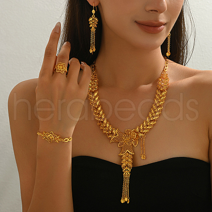 Alloy Hollow Flower Leaf Bracelets & Earrings & Necklaces & Rings Sets for Women PC9373-1