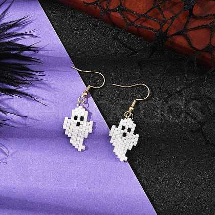 Halloween Theme Ghost Handmade Glass Seed Beaded Dangle Earrings EJEW-MZ00478-1
