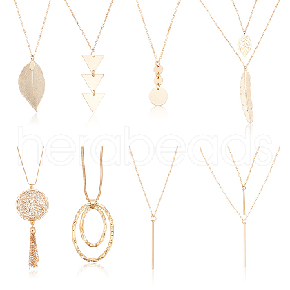 ANATTASOUL 8Pcs 8 Style Triangle & Leaf & Flat Round & Rectangle Alloy Pendant Necklace with Cable Chains NJEW-AN0001-15-1
