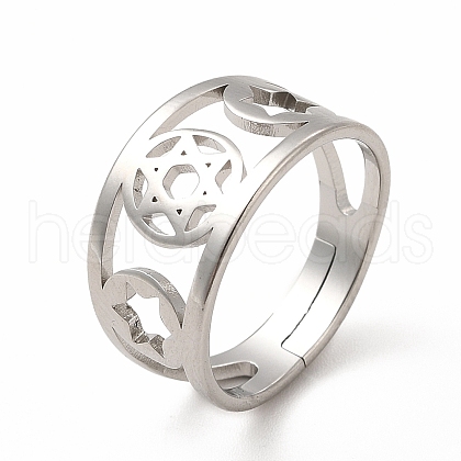 304 Stainless Steel Star of David Adjustable Ring for Women RJEW-B027-11P-1