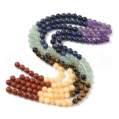 Chakra Natural Red Jasper & Yellow Jade & Green Aventurine & Tiger Eye & Sodalite & Amethyst Beads Strands G-NH0002-E02-10mm-1
