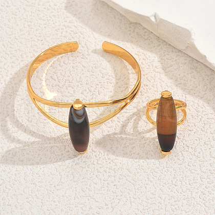 Oval Natural Agate Cuff Bangle & Ring Sets for Women KS8152-1