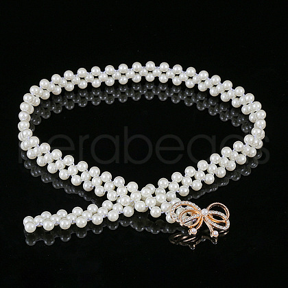 White Acrylic Pearl Beaded Elastic Chain Belts with Alloy Buckles WG1BD5E-05-1