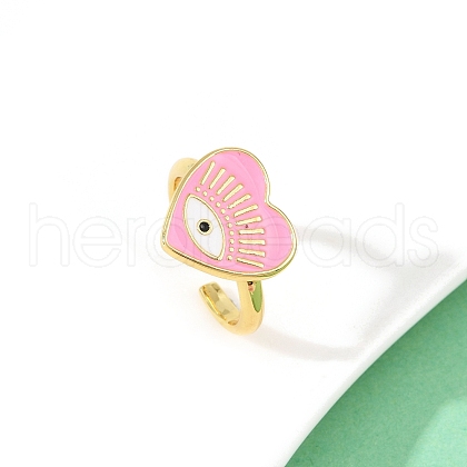Pink Color Enamel Heart with Eye Open Cuff Ring RJEW-F135-08G-1