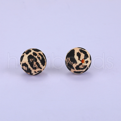 Printed Round with Leopard Print Pattern Silicone Focal Beads SI-JX0056A-08-1