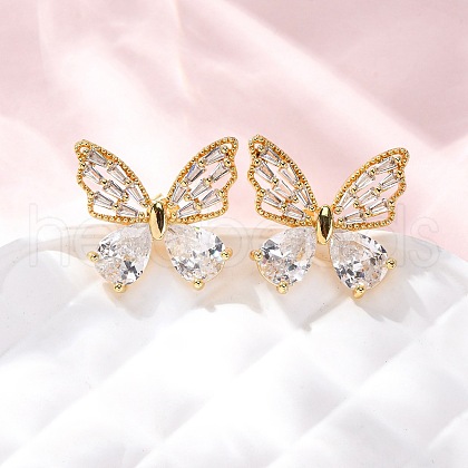 Brass Micro Pave Clear Cubic Zirconia Stud Earrings EJEW-D322-02G-1