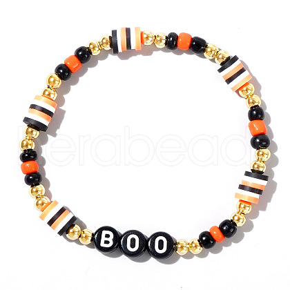 Adjustable Halloween Punk Style BOO Polymer Clay & Brass Stretch Beaded Bracelets in Black XD4553-4-1