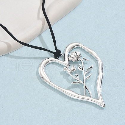 Birth Flower Heart Zinc Alloy Pendant Black Faux Suede Cord Necklaces for Women FS-WGA5BEC-04-1
