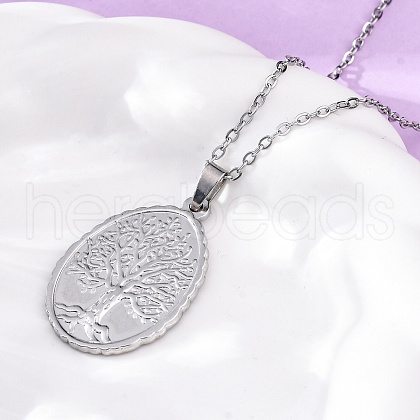 Oval Tree of Life 304 Stainless Steel Pendant Necklaces NJEW-M096-10P-1