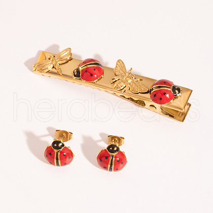 Ladybug Stainless Steel Enamel Alligator Hair Clips & Stud Earring Sets for Women ZG3114-1-1