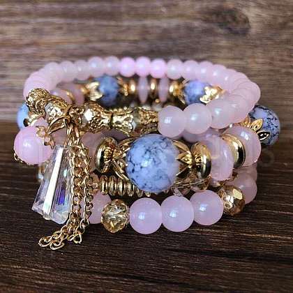 4Pcs 4 Styles Bohemian Style Alloy Glass Round Beaded Stretch Bracelets FS-WG80D8B-05-1
