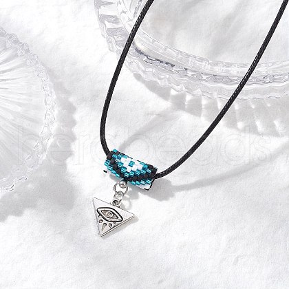 Glass Seed Beaded & Alloy Triangle Evil Eye Pendant Necklaces NJEW-MZ00110-03-1