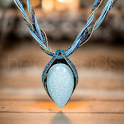 Bohemian Style Teardrop Zinc Alloy & Resin & Glass Seed Beaded Pendant Necklaces FS-WGFDF3E-04-1