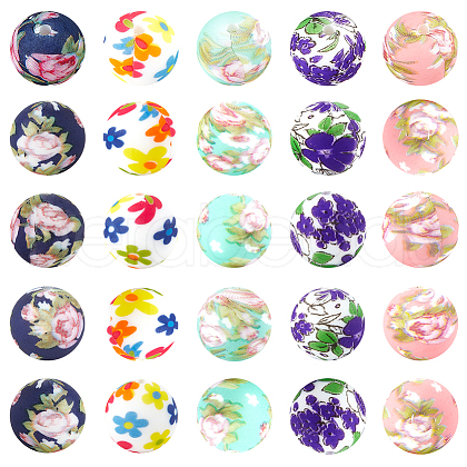 SUNNYCLUE 30Pcs 5 Styles Round with Flower Food Grade Eco-Friendly Silicone Beads SIL-SC0002-02-1