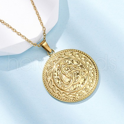 Flat Round with Trinity Knot 304 Stainless Steel Pendant Necklaces NJEW-H059-03G-1