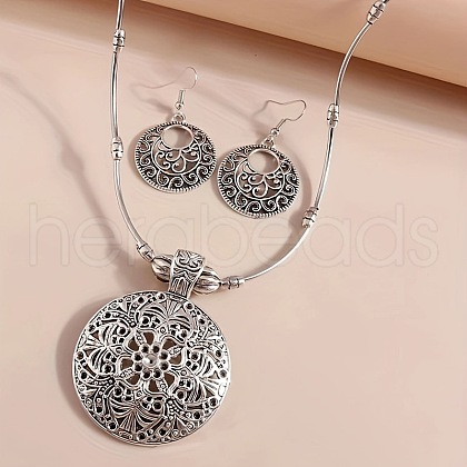 Flat Round Ethnic Style Alloy Pendant Necklaces & Dangle Earrings Sets FS-WG33C92-01-1