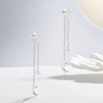 S925 Sterling Silver Star with Moon Tassel Stud Earrings NT3098-2-1