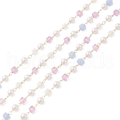Faceted Cube Glass & ABS Plastic Imitation Pearl Beaded Chains CHS-G026-02KCG-02-1-1