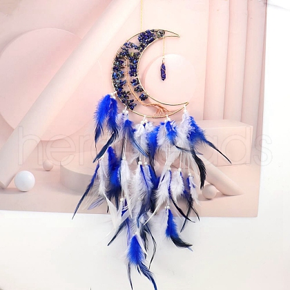 Moon with Tree of Life Wrapped Natural Lapis Lazuli Chips Woven Web/Net with Feather Decorations PW-WG37965-02-1