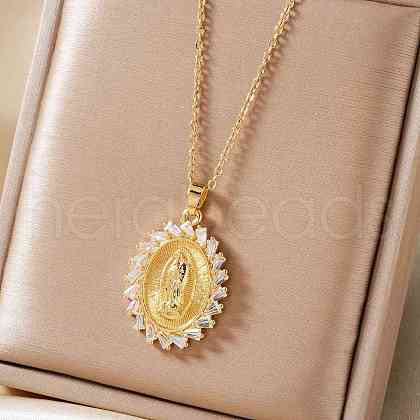 Retro Brass Pave Cubic Zirconia Virgin Mary Religion Pendant Necklaces IB9425-1-1