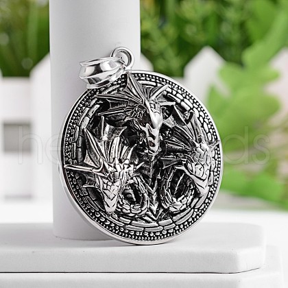 Flat Round with Dragon 304 Stainless Steel Big Pendants STAS-M206-05AS-1