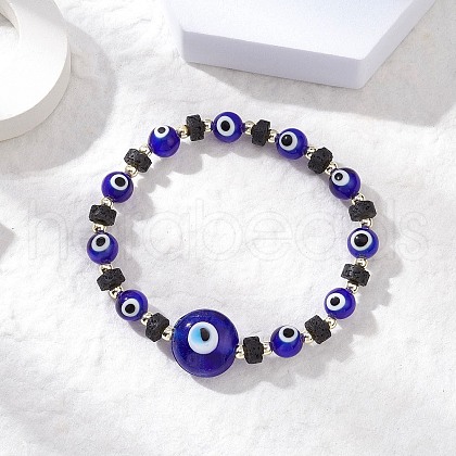 Natural Lava Rock & Handmade Lampwork Beads Stretch Bracelets BJEW-JB11984-01-1