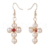 Natural Shell & Red Agate Braided Cross Dangle Earrings EJEW-JE04954-04-2