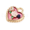 Brass Enamel & Natural Pearl Heart with Rose Flower Pendants KK-K351-49G-03-2